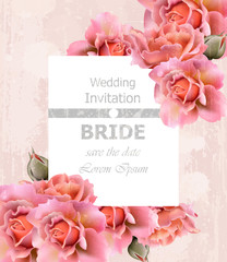 Wedding Invitation roses card Vector. Floral frame delicate decors