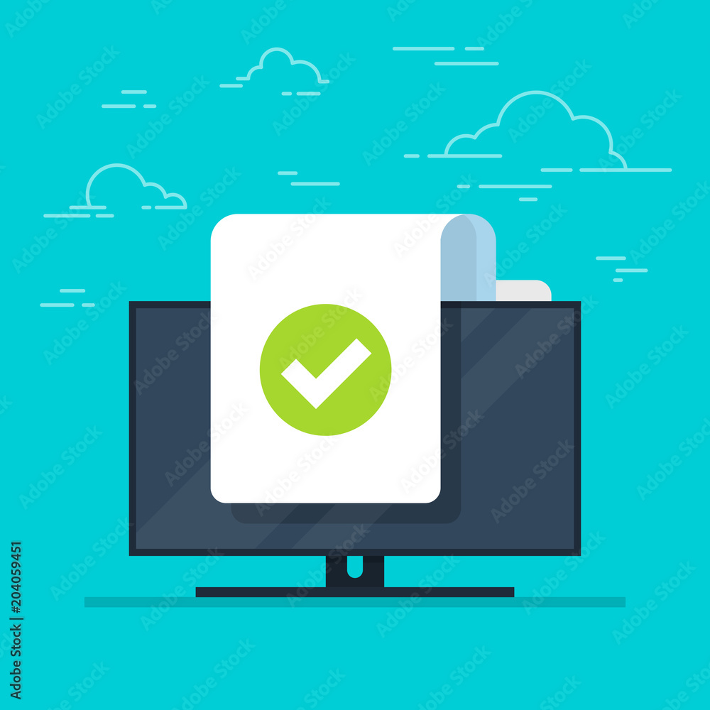 Poster document and checkmark vector icon on monitor background. concept or correct form or agreement symbo