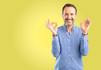 Handsome middle age man doing ok sign gesture with both hands expressing meditation and relaxation