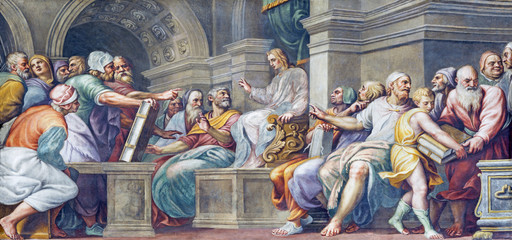 PARMA, ITALY - APRIL 16, 2018: The fresco Twelve old Jesus in the Temple in Duomo by Lattanzio...