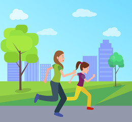 Obraz na płótnie Canvas Mother Daughter Jogging Together City Park Vector