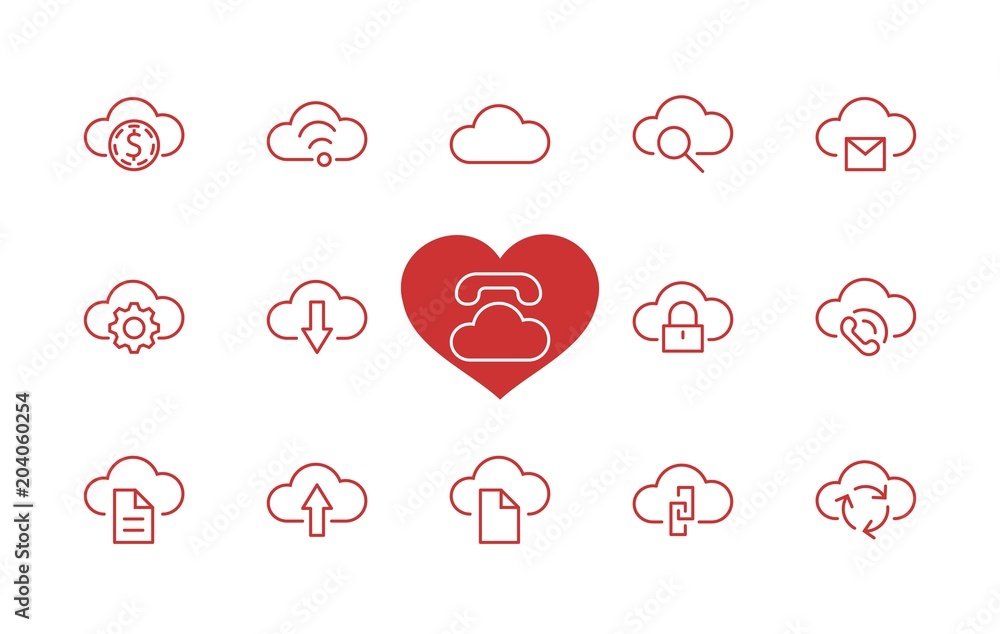 Poster set of cloud vector line icon. it contains symbols to upload, download, link and more. editable move