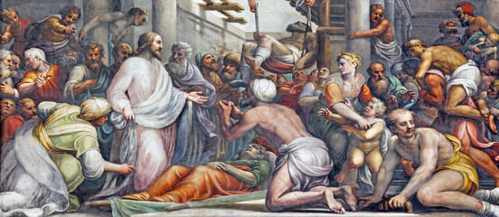 PARMA, ITALY - APRIL 16, 2018: The fresco Jesus at the healing  in Duomo by Lattanzio Gambara (1567 - 1573). - obrazy, fototapety, plakaty