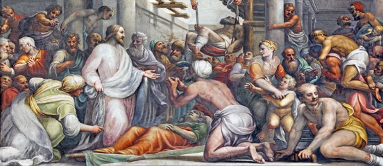 Photo sur Plexiglas Monument historique PARME, ITALIE - 16 AVRIL 2018 : La fresque Jésus à la guérison au Duomo par Lattanzio Gambara (1567 - 1573).