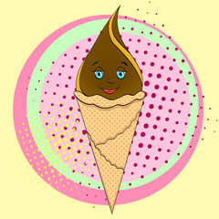 Ice cream cone with face, smile on pop art background. An imitation comic book. vector