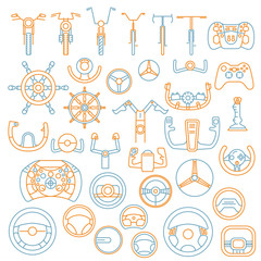 Equipment for transport driving set. Helmet, rudder, steering wheels thin line icons