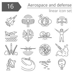 Aerospace and defense, military aircraft icon set. Thin line design for creating infographics