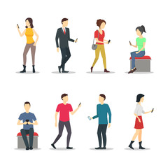 Obraz premium Cartoon Characters People Watch Cell Phones Set. Vector