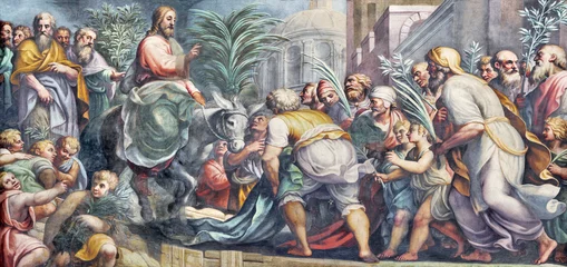 Stickers pour porte Monument Parme, Italie - 16 avril 2018 : la fresque de l& 39 entrée de Jésus à Jérusalem (Palm Sundy) dans le Duomo par Lattanzio Gambara (1567 - 1573).