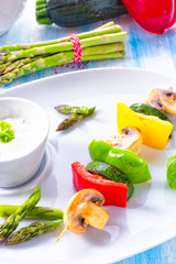 vegetable shashlik vegetarian with yogurt garlic sauce.