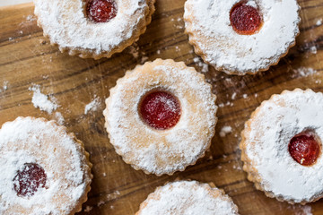 Jam Filled Round Linzer Cookies with Powder Sugar