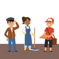 People part-time job professions vector set characters temporary job recruitment concept. Different workers or time unemployed. Young career start boys and girls part time workers opportunity looking