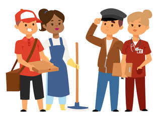 People part-time job professions vector set characters temporary job recruitment concept. Different workers or time unemployed. Young career start boys and girls part time workers opportunity looking