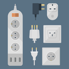 Electric plugs stack outlet illustration energy socket electrical outlets plugs european and usa, asia appliance interior icon. Wire cable cord plug-connection electrical outlets plugs double american