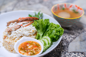 Local food of Chanthaburi, crab fried rice with soup, made in Thai restaurants in Thailand.