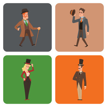 Vintage victorian cartoon gents retro people vector. Style fashion old people victorian gentleman clothing antique century character victorian gent people vintage wild west man and woman style