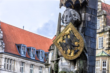 The Bremen Roland statue in the market square (Rathausplatz) of Bremen, Germany, erected in 1404.