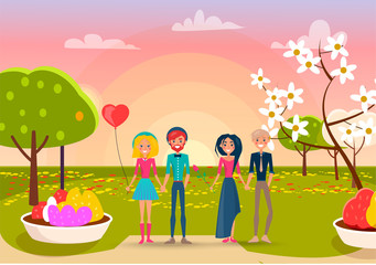 Two Loving Couples on Sunset in Park Background