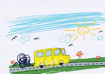 illustration of a school bus drawn in child style