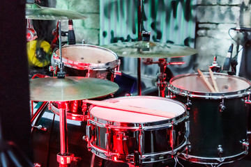 Fototapeta na wymiar Drums kit outdoors, closeup.