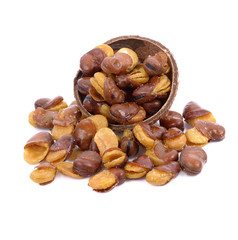 dried broad bean in wooden bowl isolated on white background