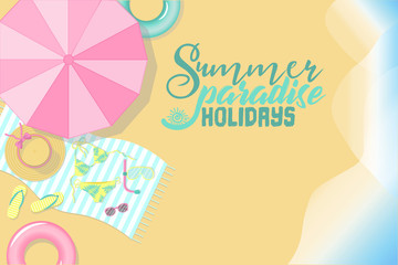 Vector graphics of the beach with the sea, a beach umbrella, a hat, a swimsuit and a circle for swimming. Concept of a summer mood, a warm and sun, and holidays