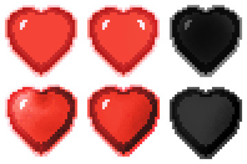 Pixel art: a set of hearts with various shades, including burned ones.
