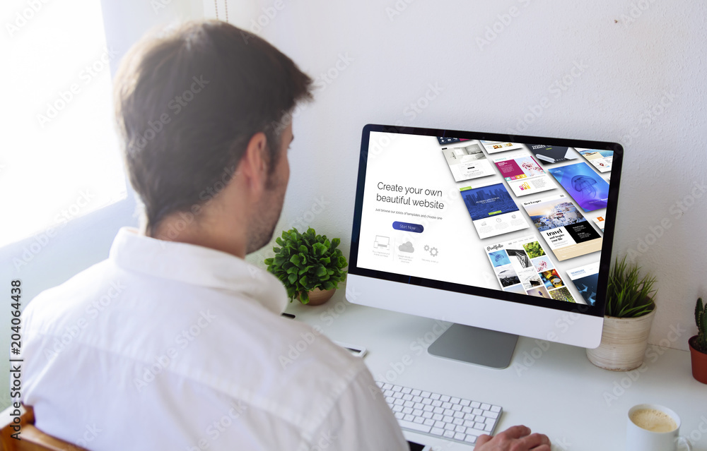 Poster man browsing website builder on computer