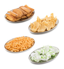 Collage of Spicy And Sweet Toast Tea Time Snack And Spices Cheese Puffs Snacks isolated on White Background