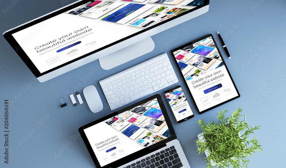 Wall mural top view blue devices website builder