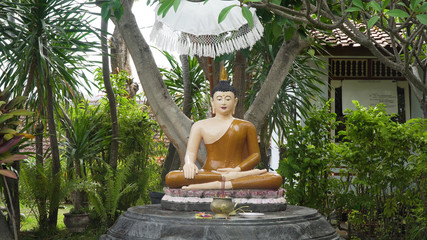 Statue of the Buddha god in the Buddhist temple Brahma Vihara Arama with statues of the gods on...