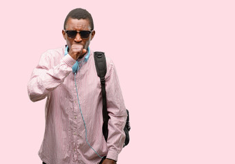African black man student sick and coughing, suffering asthma or bronchitis, medicine concept