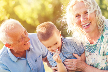 Grandparents with grandson enjoying time together in park.