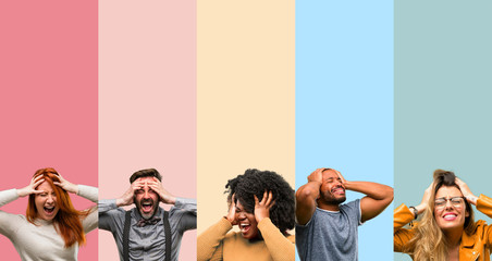 Cool group of people, woman and man stressful keeping hands on head, terrified in panic, shouting