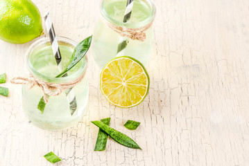 Healthy exotic detox drink, aloe vera or cactus juice with lime, on light concrete background copy...