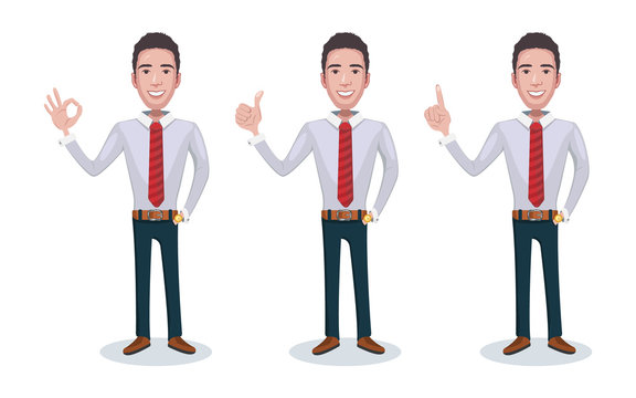 Businessman cartoon character, the office worker with necktie. Set of three gesture of a young man. Cute design. Flat style. Vector