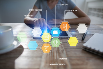 CMS. Content management system applications icons on virtual screen. Business, internet and...