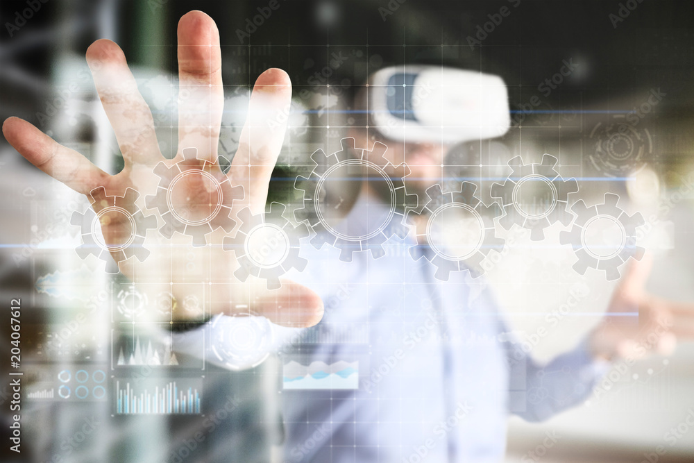 Poster gears on virtual screen. business strategy and technology concept. automation process.