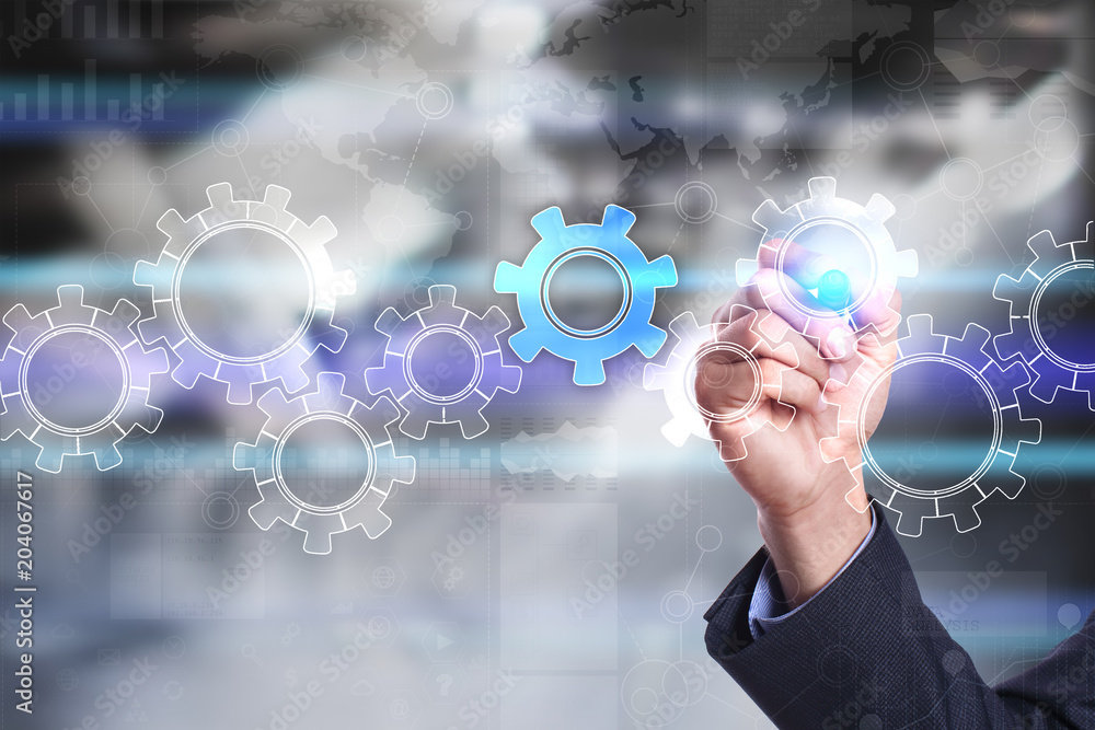 Poster gears on virtual screen. business strategy and technology concept. automation process.