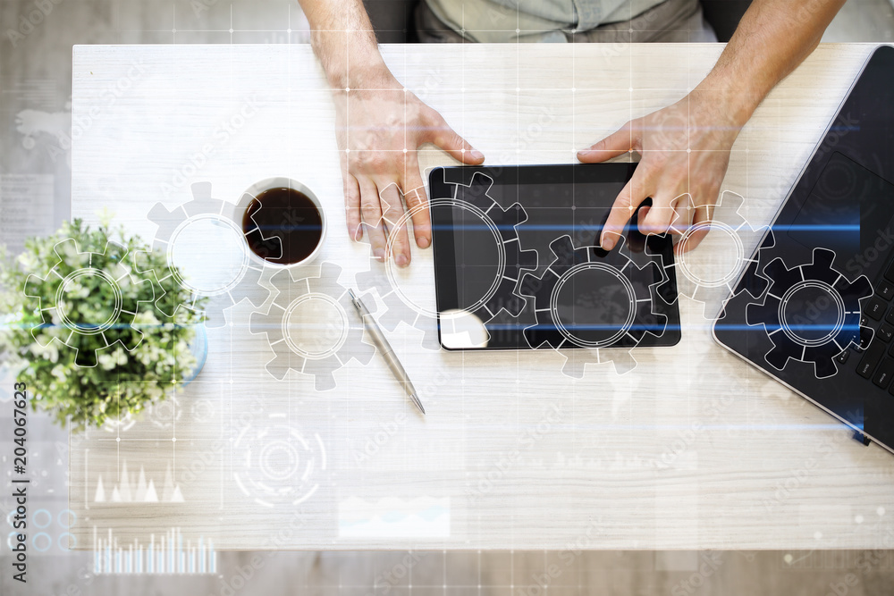 Poster gears on virtual screen. business strategy and technology concept. automation process.