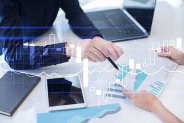 Diagrams and graphs on virtual screen. Business strategy, data analysis technology and financial growth concept.