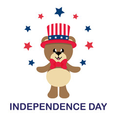 4 july cartoon cute bear in hat with stars and text