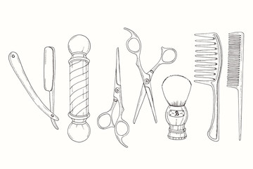 Hand drawn Barber Shop set in sketch style. Razor, scissors, shaving brush,  comb, classic barber shop Pole. Vector illustration