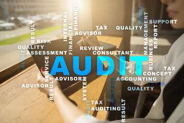 Audit business concept. Auditor. Compliance. Virtual screen technology. Words cloud.