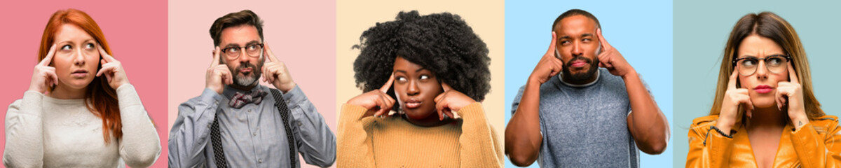 Cool group of people, woman and man doubt expression, confuse and wonder concept, uncertain future