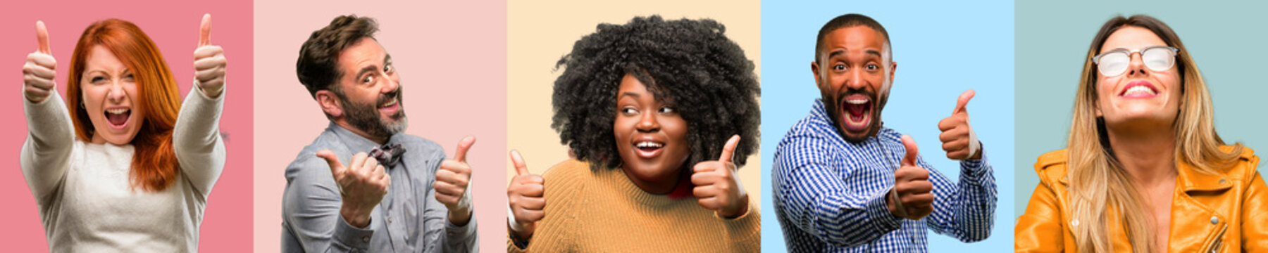 Cool Group Of People, Woman And Man Stand Happy And Positive With Thumbs Up Approving With A Big Smile Expressing Okay Gesture