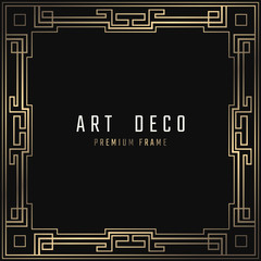 Vector card. Art Deco style. Dark golden geometric frame on black background.