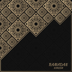 Vector card with floral tiles. Islamic design. Golden foil decorative elements. Gold and black background.