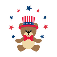 4 july cartoon cute bear in hat sitting with stars