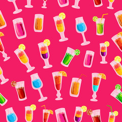 Colorful cocktail drink seamless pattern template concept. Icons design for your product or design, web and mobile applications. Vector flat with long shadow illustration on blue background